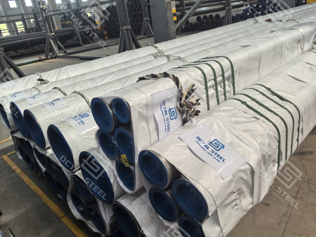 Inventory of API 5L PSL2 Grade B seamless steel pipes with 3LPE coating in factory, ready for export to Mexico